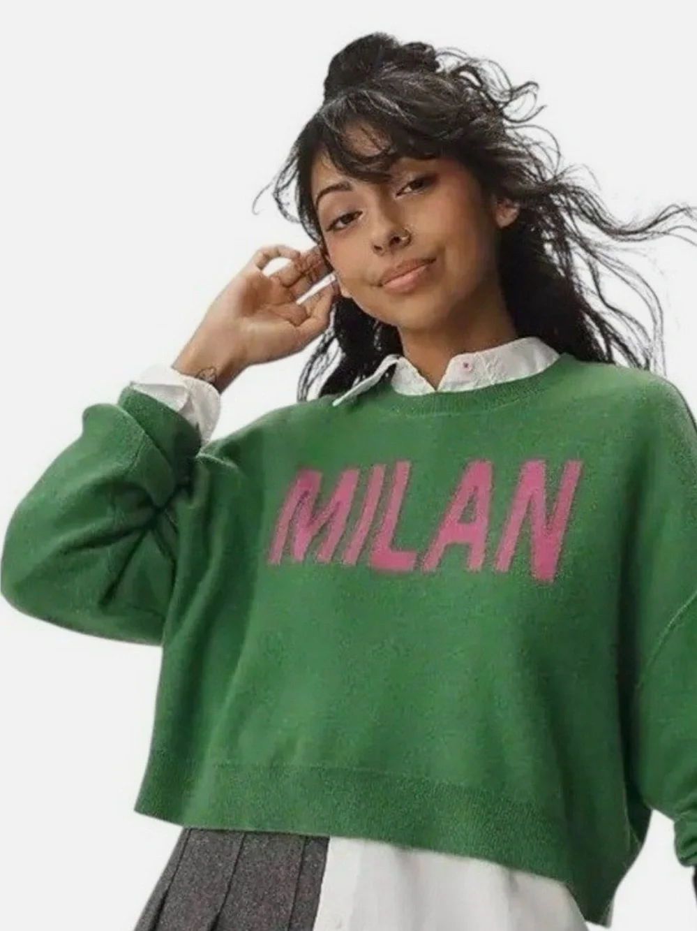 Pilcro Anthropologie Alani Cropped Crewneck Sweater in green with Pink 